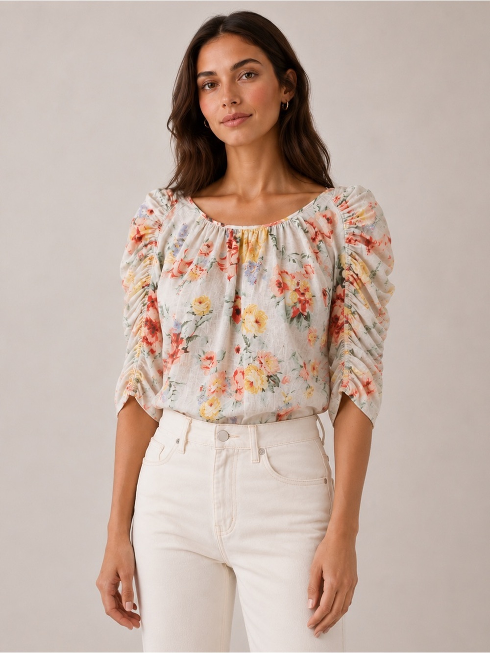 Loeffler Randall – Floral Linen Ruched Sleeve Top